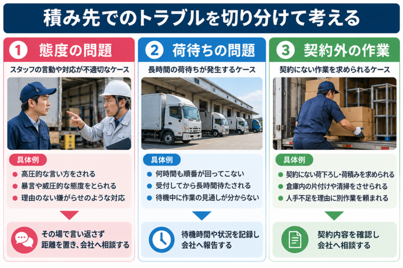 積み先での態度・荷待ち・契約外作業のトラブルを切り分ける図