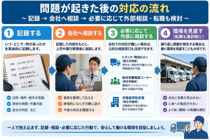 積み先でのトラブルを記録して会社や外部へ相談する流れ