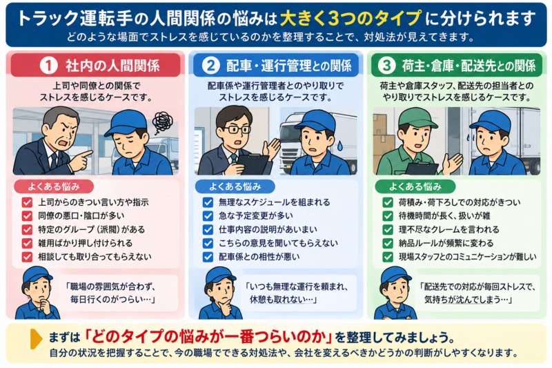 トラック運転手の人間関係の悩みを3タイプに整理するチェック図