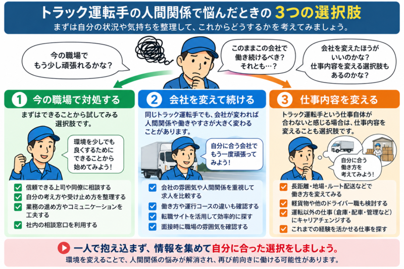 人間関係に悩むトラック運転手が今の職場で対処・会社を変える・仕事内容を変える選択肢