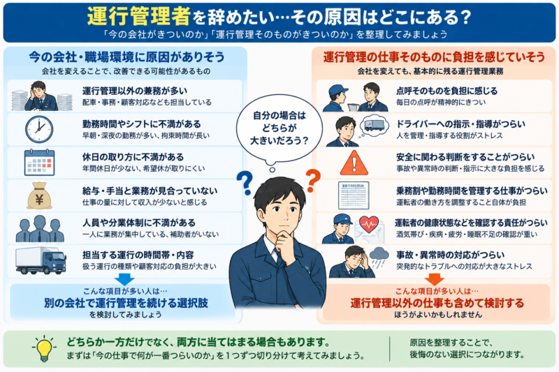 運行管理者を辞めたい原因が会社か仕事内容かを整理する図解
